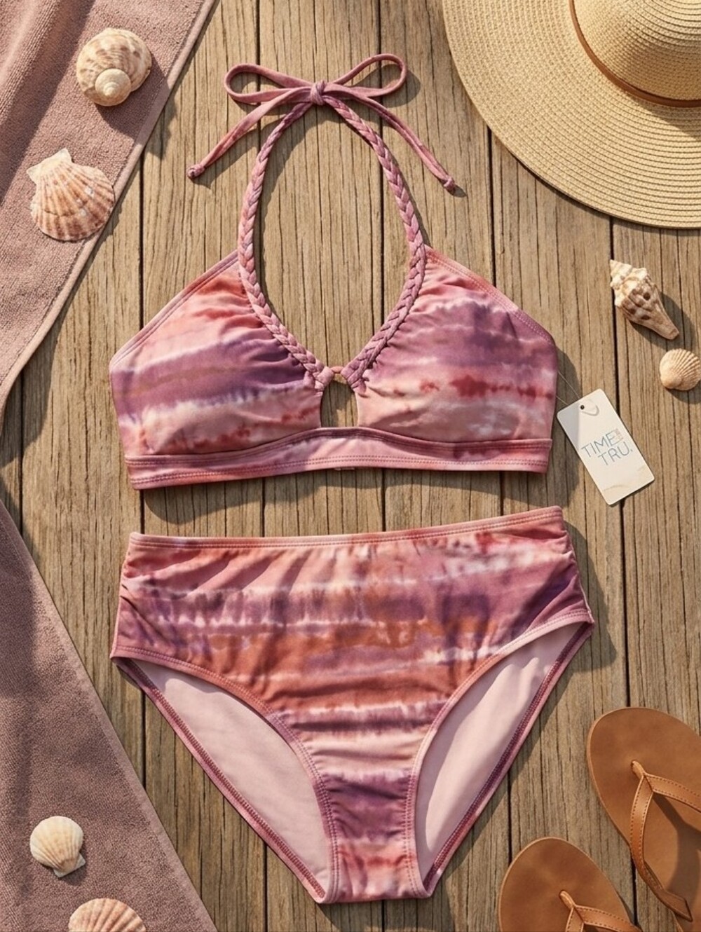 Time and Tru Women's Tie Dye Braided Halter Bikini Top and tassel swim b…